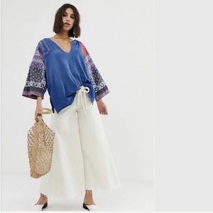 Free People Shibuya Boho Patchwork bohemian boho Blue Raw Edge Top